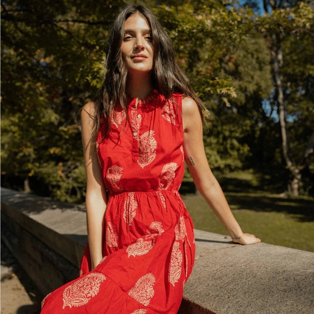 Guadalupe “Aluna” Red Dress with White Leaf Pattern